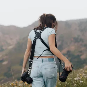 Arnes doble de cuero genuino para camara, correa ajustable para fotografia al aire libre.
