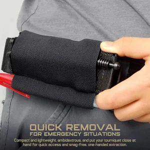 Tactical tourniquet pouch detail shot showing fast extraction design and durable nylon material.