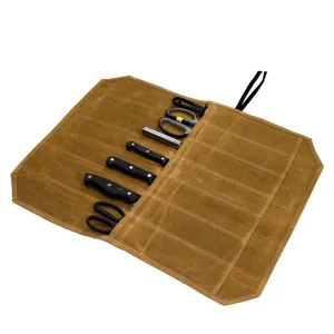 Waxed canvas chef knife roll bag, portable outdoor camping picnic cutlery storage pouch.