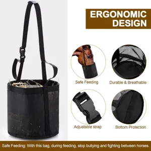 Vue détaillée du sac d'alimentation en filet noir pour chevaux avec sangle réglable et fond.