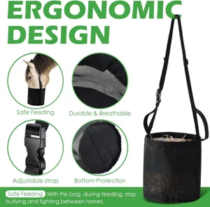 Détail de sac à foin pour cheval suspendu, design en maille respirante, sangle réglable et protection de base.