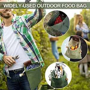 Outdoor foraging bag, foldable canvas harvesting pouch for fruit picking and tool storage.