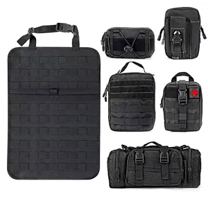 Tactical car seat back organizer MOLLE military multi-purpose storage bag set for outdoor use.