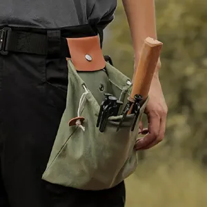 Durable canvas foraging pouch tool waist bag for outdoor camping, hiking and fruit picking.