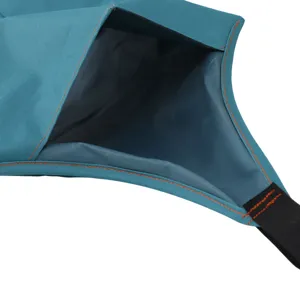 Close-up detail of durable blue waterproof fabric fruit picking bag pocket stitching.