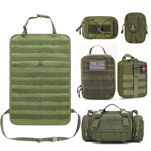 Tactical MOLLE car seat organizer panel and multi-purpose military pouches detail view.