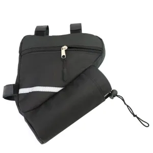 Black bicycle frame triangle bag detail view with zipper pocket and water bottle holder pouch.
