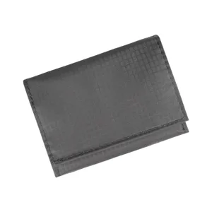Detailed view of the black grid textured tri-fold wallet, showing compact card storage.