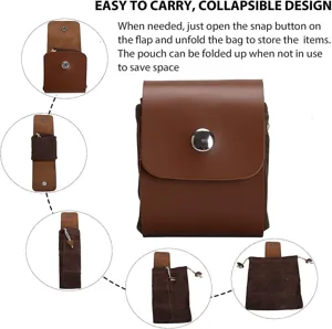 Outdoor collapsible waist bag detail view, showing snap button and foldable canvas foraging pouch design.