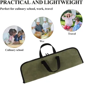 Détail du sac de rangement pour couteaux de chef en toile avec poignées et fermeture éclair.