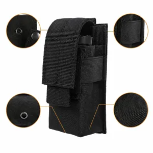 Detail view of black tactical flashlight pouch showing portable buckle and durable nylon material.