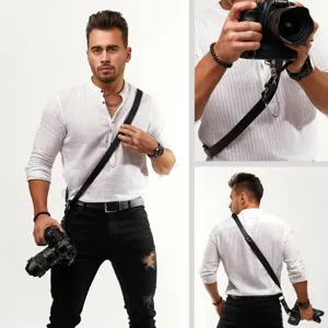 Adjustable leather camera strap for DSLR and SLR photography comfort and safety outdoors.