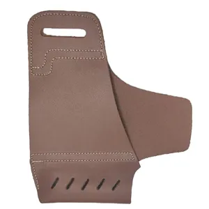 Brown cowhide tool holster detail view, tactical belt loop sheath craftsmanship close-up.