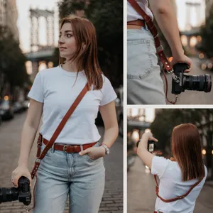 Vintage genuine leather camera strap adjustable sling harness for DSLR cameras brown outdoor photo