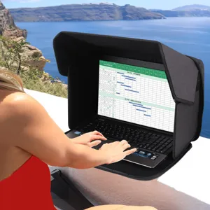 Outdoor laptop sun shade hood detail showing privacy protection and waterproof design usage.