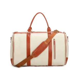 Grosse PU-Leder Reisetasche in Hellweiss und Braun mit Schultergurt fur Reisen.