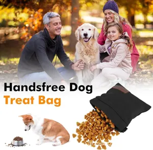 Portable handsfree dog treat bag with clip for outdoor pet training and walking treats.