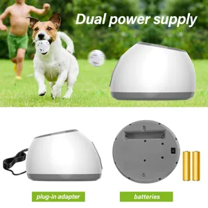 Vista detallada del lanzador de pelotas automático para perros con doble fuente de energía.