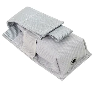 Tactical nylon flashlight pouch detail view, portable MOLLE gear utility bag for outdoor use.