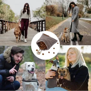 Detail view of portable pet treat bag outdoor training pouch with metal carabiner clip.
