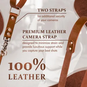 Vintage genuine leather camera strap, adjustable dual shoulder harness for outdoor photography.