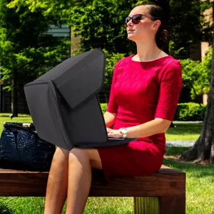 Outdoor laptop sunshade in use scene, showing privacy hood and outdoor working convenience.