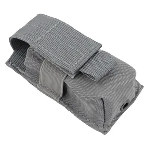 Durable grey nylon tactical flashlight pouch with MOLLE webbing system and bottom drainage hole.