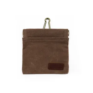 Brown canvas pet treat pouch with metal carabiner clip and squeeze top closure for outdoor training.