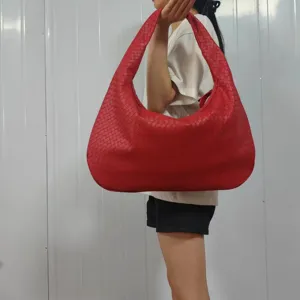 Red woven leather shoulder bag, trendy hobo handbag for women, casual stylish purse.