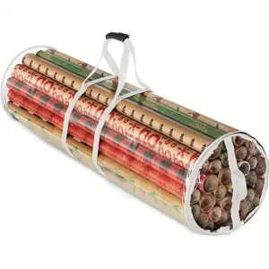 Bolsa de Almacenamiento Cilíndrica para Papel de Regalo Transparente Navideña con Asas y Cremallera