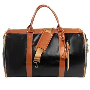 Große PU Leder Reise Duffle Bag in Schwarz und Braun für Damen und Herren Gepäcktasche.