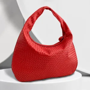 Red woven leather shoulder bag chic crescent hobo handbag stylish handmade underarm bag for women