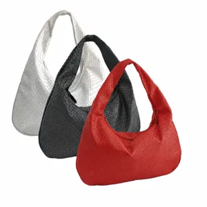 Woven leather shoulder bag for women, elegant crescent hobo handbag, stylish daily tote purse.