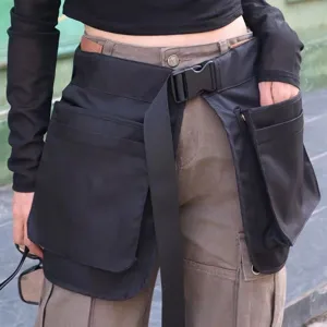 Multi-pocket utility waist bag detail showing durable black fabric, quick-release buckle.