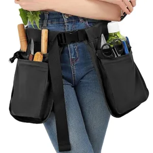 Multi-pocket gardening tool waist bag with adjustable belt for outdoor maintenance use.