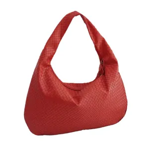 Red woven leather shoulder bag hobo handbag stylish minimalist crescent design chic daily accessory