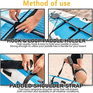 Vista dettagliata della tracolla regolabile per paddleboard e supporto per pagaia utile.