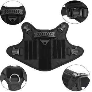 Detail view of black tactical dog harness, showing heavy-duty buckles, D-ring, and handle.