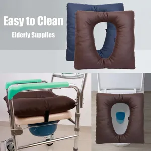 Detail view of the waterproof commode cushion pad, showing soft PU leather and toilet scene.