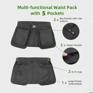 Detailed view of the multi-functional garden waist pack showing pocket structure and capacity.