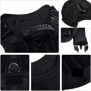 Tactical dog harness vest detail shot showing heavy duty buckles, D-ring and mesh fabric.