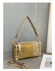 Umhängetasche Strass Box Tasche Luxus Gold Metall Ecken Schultertasche Abendtasche Stilvoll