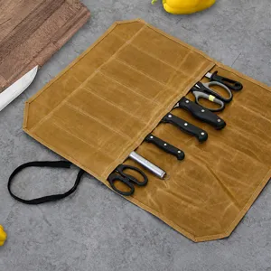 Waxed canvas knife roll bag portable chef knife storage bag for outdoor camping barbecue.