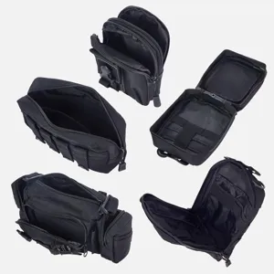 Detailed view of black tactical utility bag, showing multi-compartment interior and zippers.