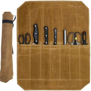 Waxed canvas knife roll bag for outdoor camping, durable chef knife storage case with secure straps.