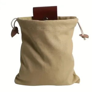 Canvas foraging pouch detail, foldable waist bag for fruit picking, outdoor tool storage.