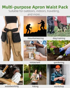 Detail view showing multi-pocket apron waist pack use cases for outdoor gardening and work.