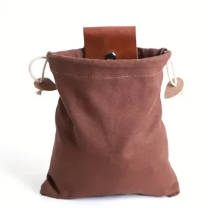 Canvas folding foraging bag detail close-up view, outdoor tool storage waist pouch.