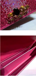Εξαιρετική ροζ τσάντα βραδινό clutch με στρας και πολυτελή χρυσή αγκράφα νεκροκεφαλή.