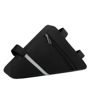 Black triangle bicycle frame bag with reflective strip and zipper for cycling storage.